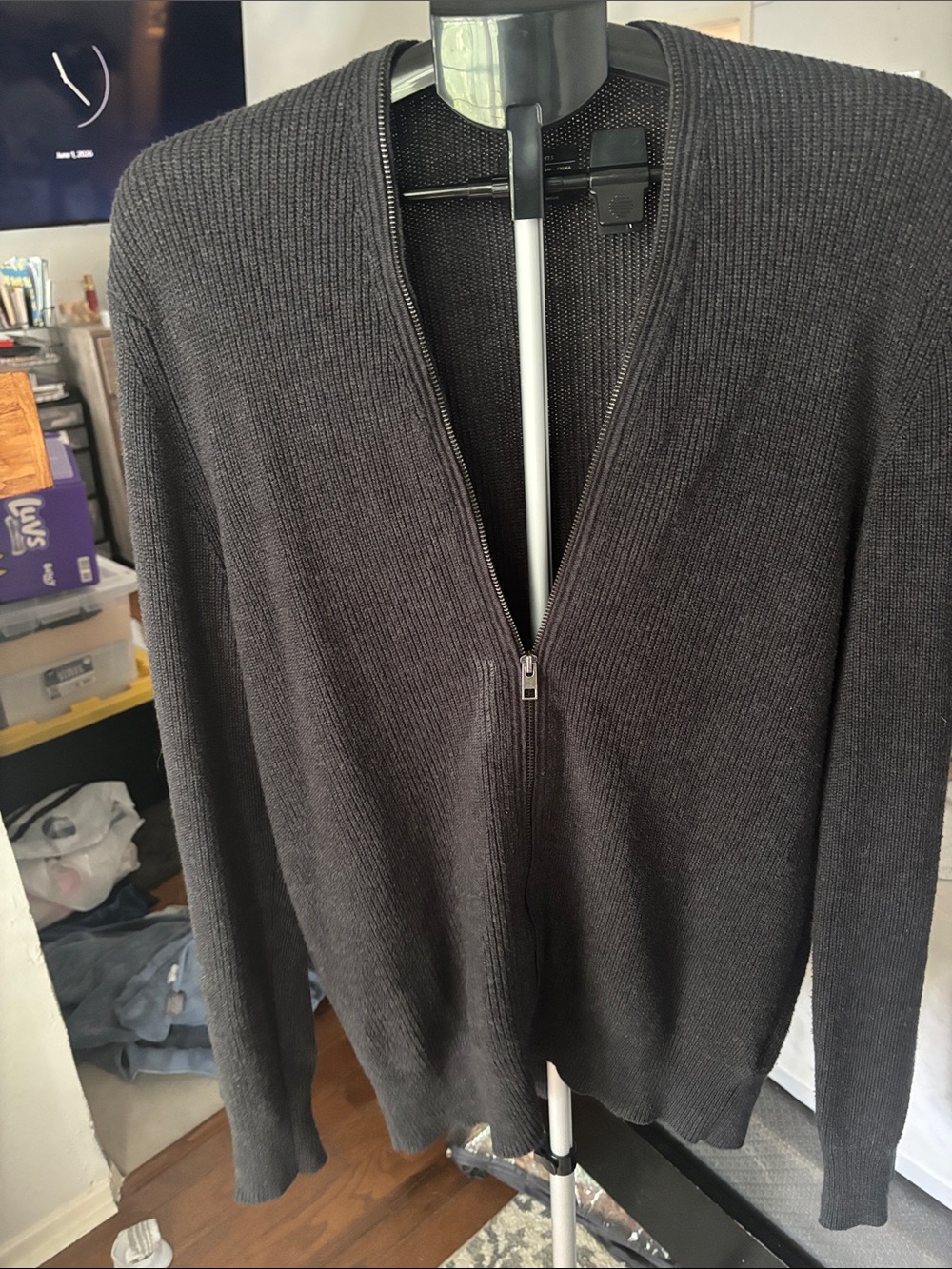 All Saints Men's Charcoal Zip-Up Rib Knit Sweater